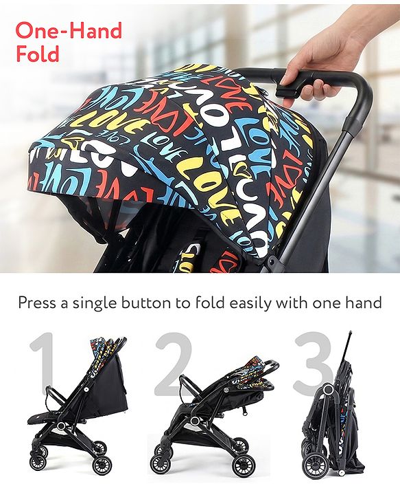Babyhug Portable Baby Stroller with One-hand Z Compact Fold - Black| Pram for Newborn| Concealed Linked Brake| Swivel Wheels| 5 point Safety Harness| Air Cabin Friendly|