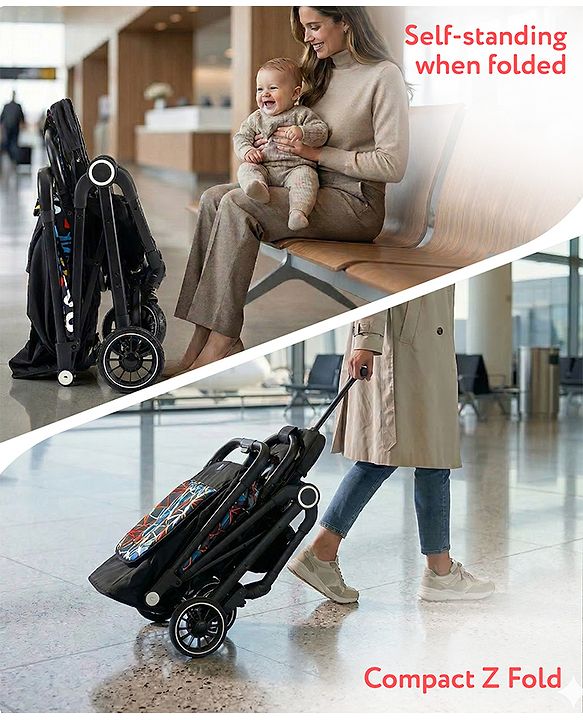 Babyhug Portable Baby Stroller with One-hand Z Compact Fold - Black| Pram for Newborn| Concealed Linked Brake| Swivel Wheels| 5 point Safety Harness| Air Cabin Friendly|