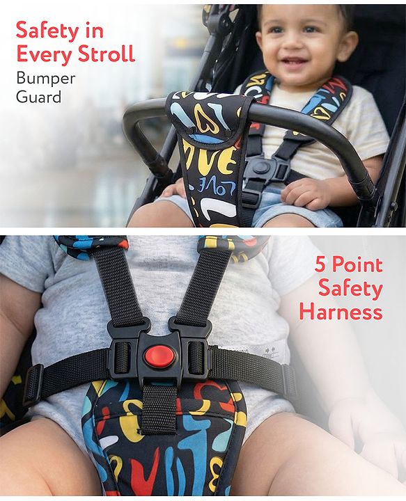 Babyhug Portable Baby Stroller with One-hand Z Compact Fold - Black| Pram for Newborn| Concealed Linked Brake| Swivel Wheels| 5 point Safety Harness| Air Cabin Friendly|