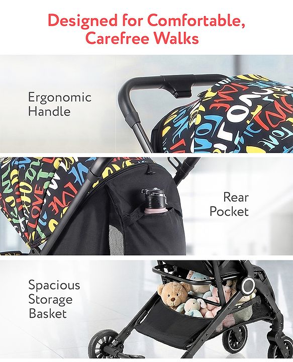 Babyhug Portable Baby Stroller with One-hand Z Compact Fold - Black| Pram for Newborn| Concealed Linked Brake| Swivel Wheels| 5 point Safety Harness| Air Cabin Friendly|
