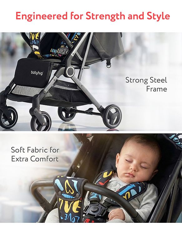 Babyhug Portable Baby Stroller with One-hand Z Compact Fold - Black| Pram for Newborn| Concealed Linked Brake| Swivel Wheels| 5 point Safety Harness| Air Cabin Friendly|