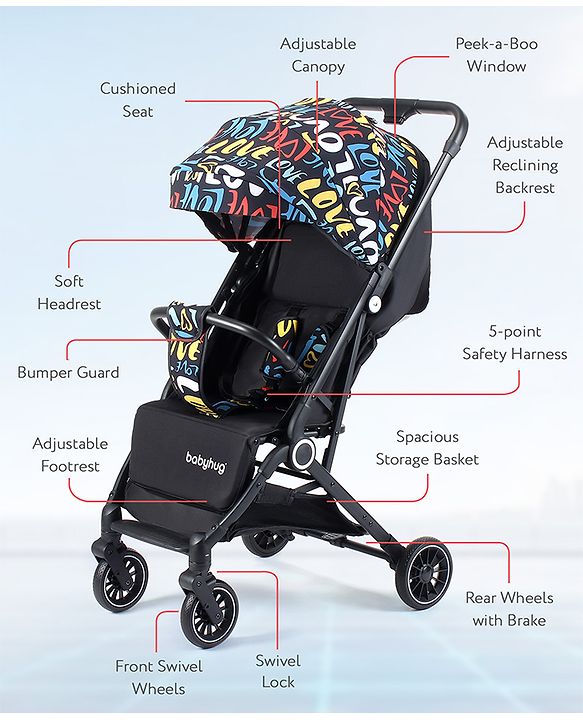 Babyhug Portable Baby Stroller with One-hand Z Compact Fold - Black| Pram for Newborn| Concealed Linked Brake| Swivel Wheels| 5 point Safety Harness| Air Cabin Friendly|