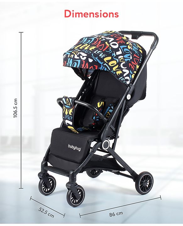 Babyhug Portable Baby Stroller with One-hand Z Compact Fold - Black| Pram for Newborn| Concealed Linked Brake| Swivel Wheels| 5 point Safety Harness| Air Cabin Friendly|