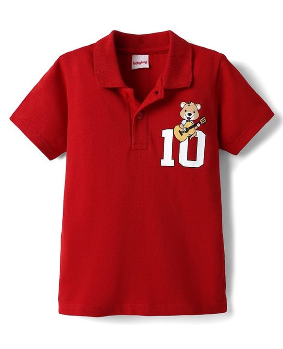 Babyhug 100% Cotton Knit Half Sleeves Polo T-Shirt with Bear Print - Red