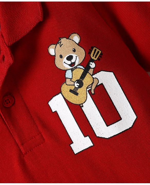 Babyhug 100% Cotton Knit Half Sleeves Polo T-Shirt with Bear Print - Red
