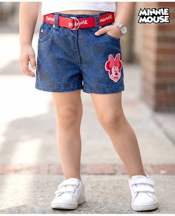 Babyhug Disney Denim Short With Minnie Mouse Print & Belt - Navy Blue