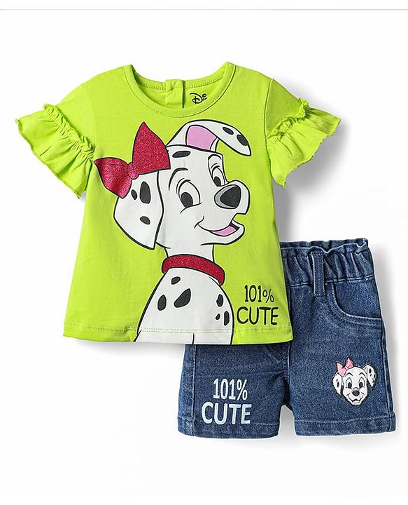 Babyhug Disney Single Jersey Knit Half Sleeves T-shirt & Short Set With 101 Dalmatians Graphics - Light Green