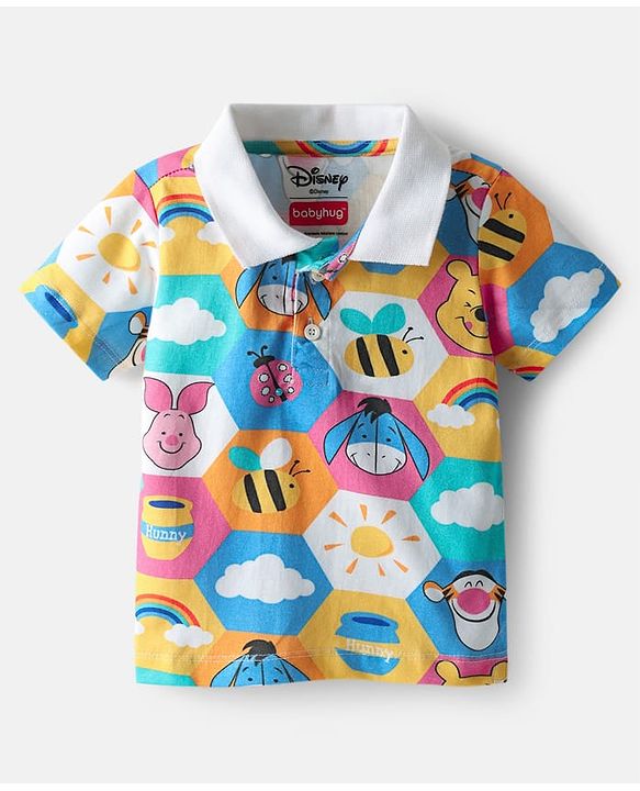 Babyhug Disney Single Jersey Knit Half Sleeves Polo T-Shirt & Denim Shorts Set with Suspender & Winnie the Pooh Graphics - Navy Blue & White