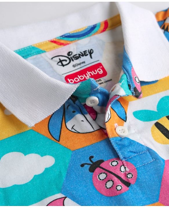 Babyhug Disney Single Jersey Knit Half Sleeves Polo T-Shirt & Denim Shorts Set with Suspender & Winnie the Pooh Graphics - Navy Blue & White