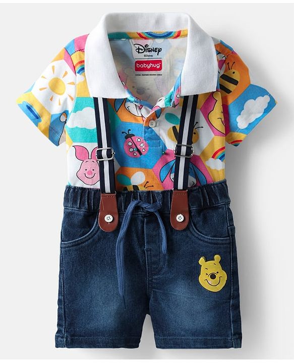 Babyhug Disney Single Jersey Knit Half Sleeves Polo T-Shirt & Denim Shorts Set with Suspender & Winnie the Pooh Graphics - Navy Blue & White