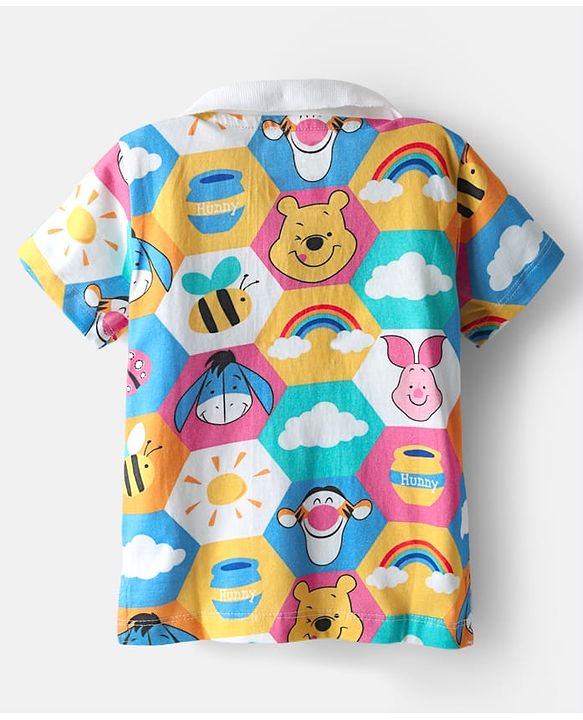 Babyhug Disney Single Jersey Knit Half Sleeves Polo T-Shirt & Denim Shorts Set with Suspender & Winnie the Pooh Graphics - Navy Blue & White