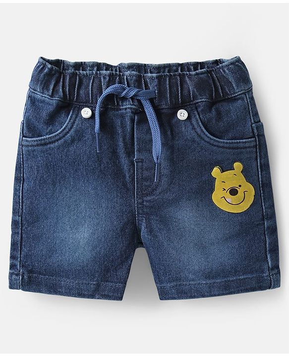 Babyhug Disney Single Jersey Knit Half Sleeves Polo T-Shirt & Denim Shorts Set with Suspender & Winnie the Pooh Graphics - Navy Blue & White