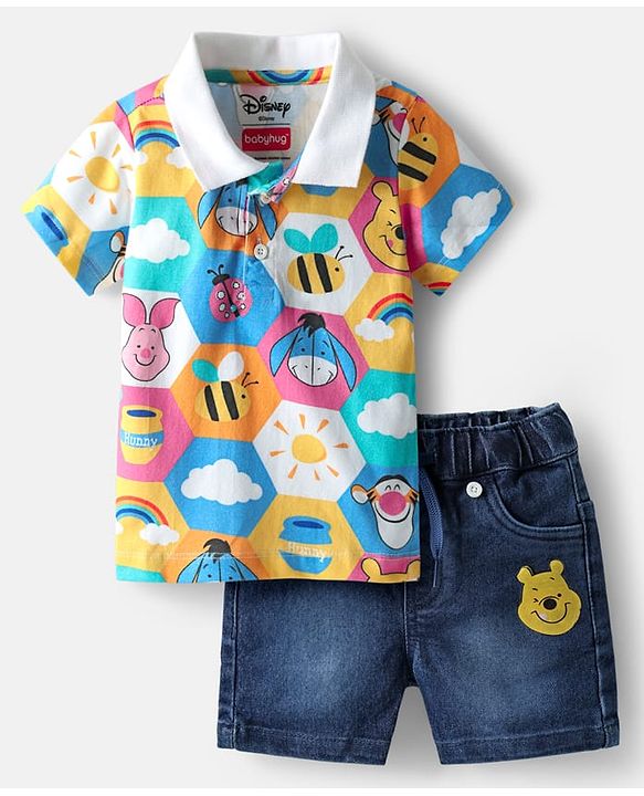 Babyhug Disney Single Jersey Knit Half Sleeves Polo T-Shirt & Denim Shorts Set with Suspender & Winnie the Pooh Graphics - Navy Blue & White