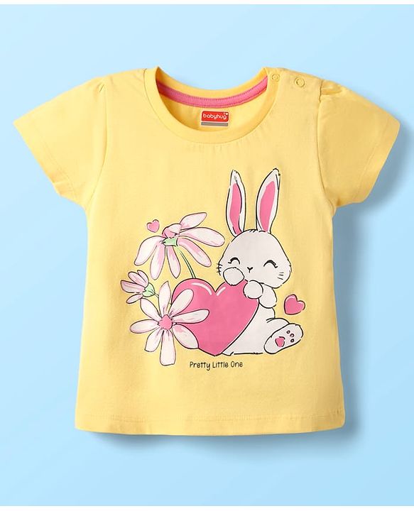 Babyhug Cotton Knit Half Sleeves Capri Night Suit With Bunny & Floral Print - Yellow