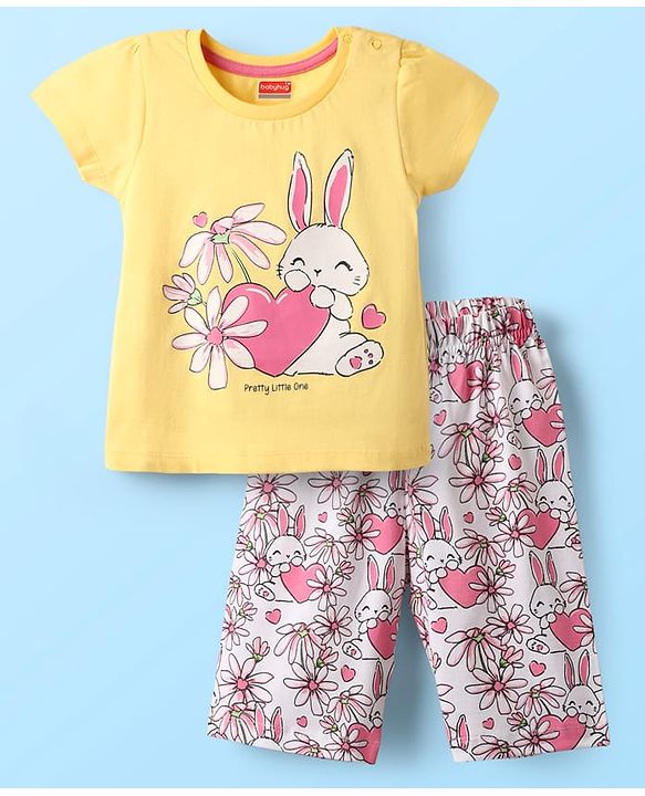 Babyhug Cotton Knit Half Sleeves Capri Night Suit With Bunny & Floral Print - Yellow