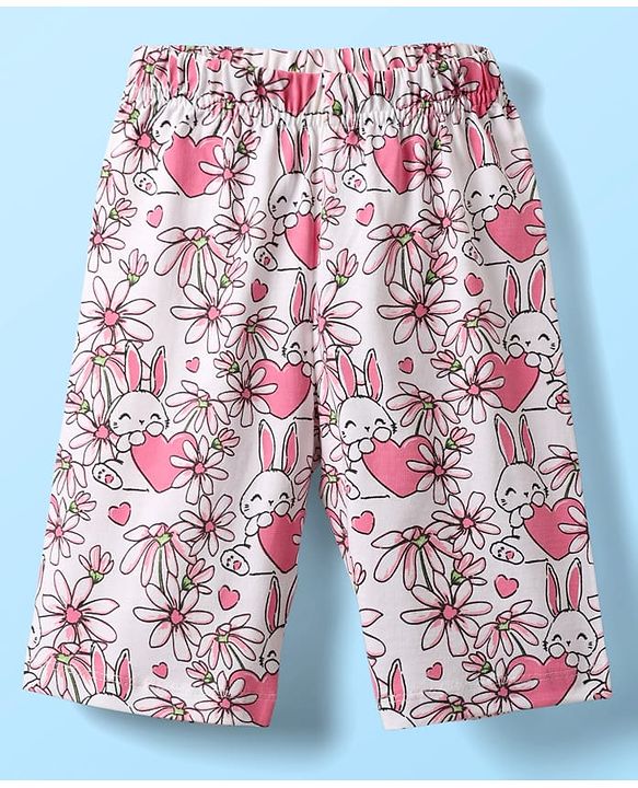Babyhug Cotton Knit Half Sleeves Capri Night Suit With Bunny & Floral Print - Yellow