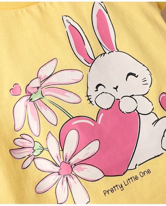 Babyhug Cotton Knit Half Sleeves Capri Night Suit With Bunny & Floral Print - Yellow