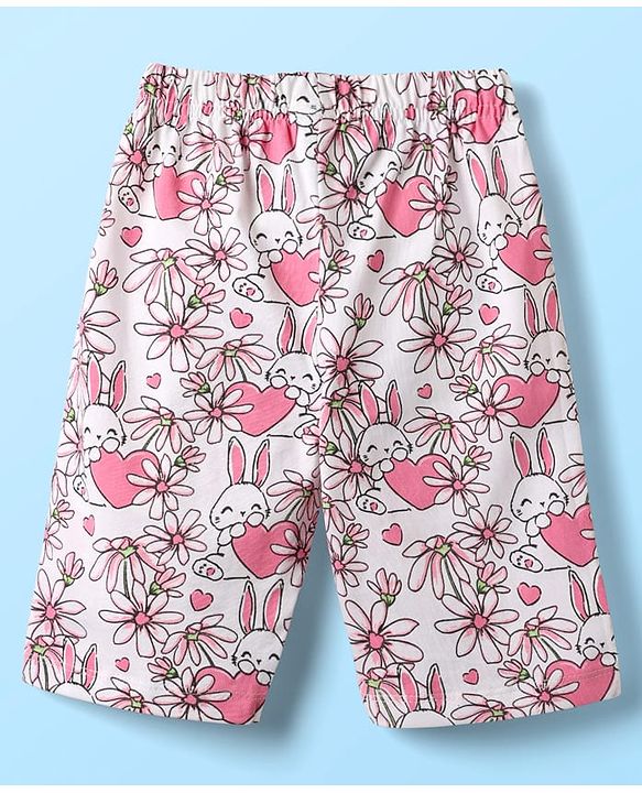 Babyhug Cotton Knit Half Sleeves Capri Night Suit With Bunny & Floral Print - Yellow