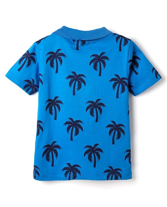 Babyhug 100% Cotton Knit Polo T-Shirt with Coconut Tree Print - Blue