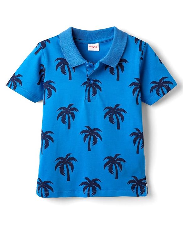 Babyhug 100% Cotton Knit Polo T-Shirt with Coconut Tree Print - Blue