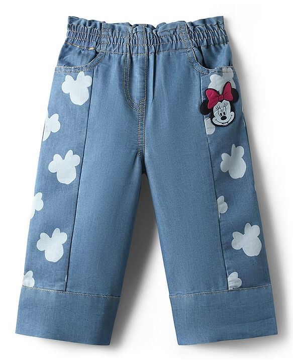 Babyhug Disney Denim Knit Full Length Jeans With Minnie Mouse Graphics - Light Blue