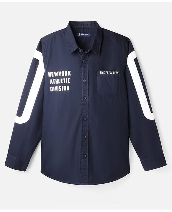 Pine Kids Cotton Woven Full Sleeves Shirt With Text Print - Navy Blue