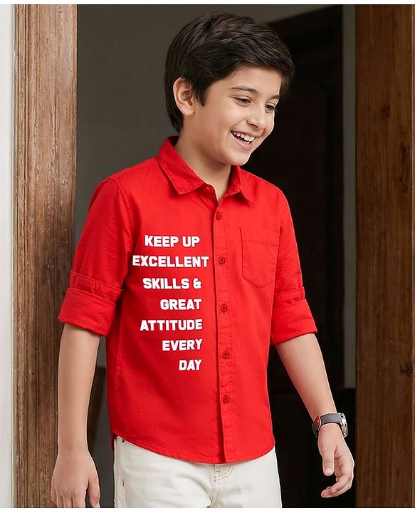 Pine Kids 100% Cotton Full Sleeves Shirt With Text Print - Red