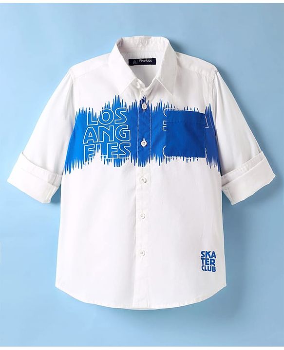 Pine Kids Cotton Woven Full Sleeves Shirt with Los Angeles Text Print - White