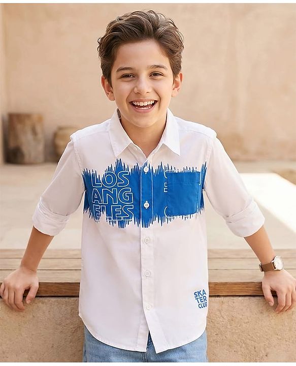 Pine Kids Cotton Woven Full Sleeves Shirt with Los Angeles Text Print - White