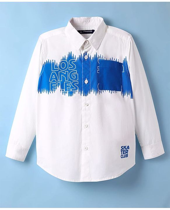 Pine Kids Cotton Woven Full Sleeves Shirt with Los Angeles Text Print - White