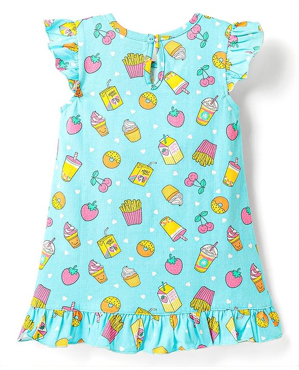 Babyhug Cotton Knit Frill Sleeves Nighty With Tropical Theme Print - Aqua