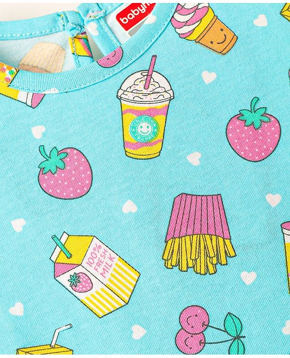 Babyhug Cotton Knit Frill Sleeves Nighty With Tropical Theme Print - Aqua