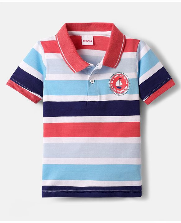 Babyhug 100% Cotton Knit Polo T-Shirt with Stripes & Lets Explore Text Print - White & Blue
