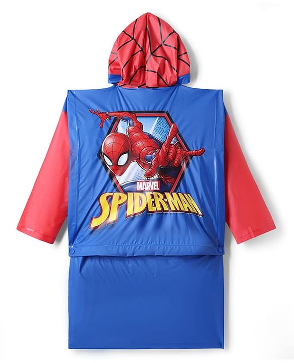 Pine Kids Marvel Full Sleeves Hooded Spider-Man Raincoat - Blue & Red