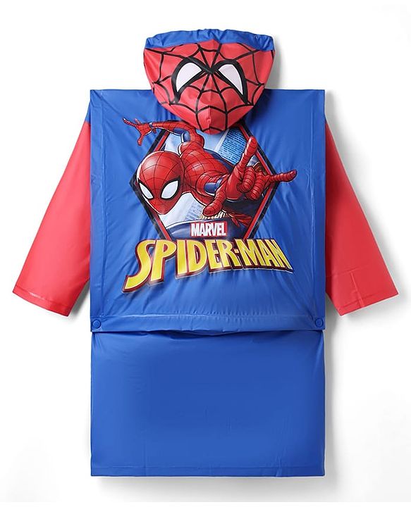 Pine Kids Marvel Full Sleeves Hooded Spider-Man Raincoat - Blue & Red
