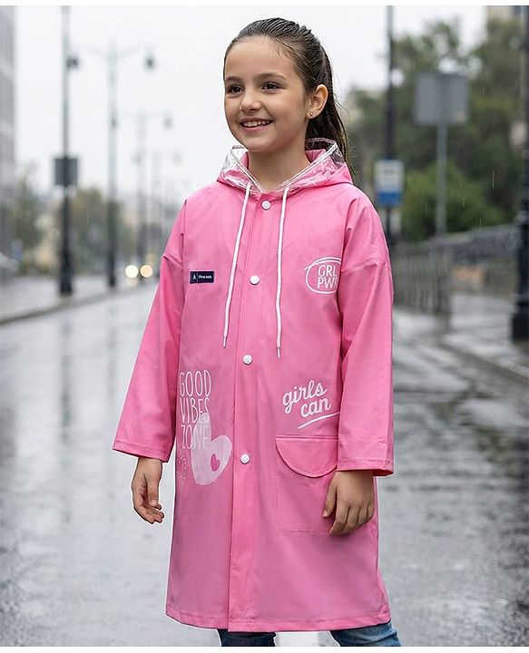 Pine Kids Full Sleeves Hooded Raincoat - Dark Pink