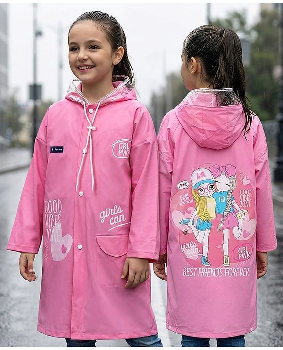 Pine Kids Full Sleeves Hooded Raincoat - Dark Pink
