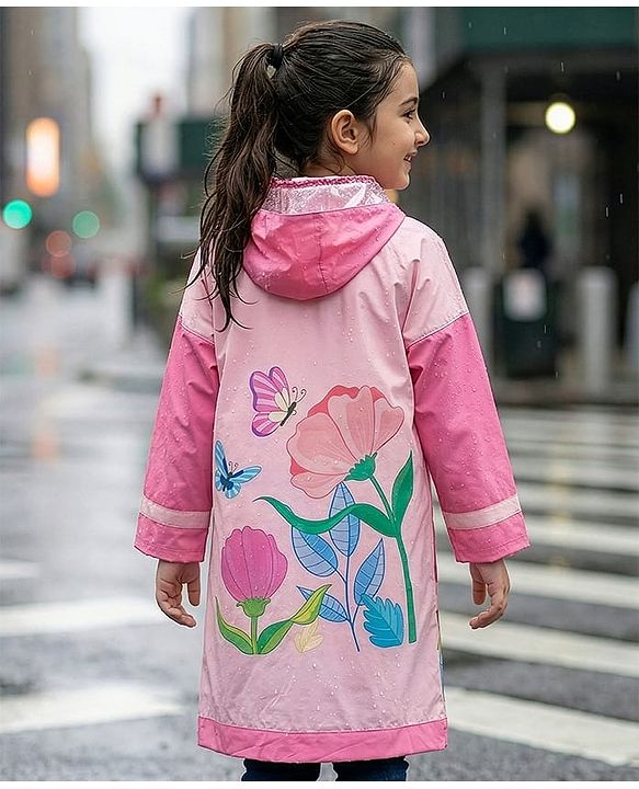 Pine Kids Full Sleeves Hooded Butterfly Raincoat - Light Pink