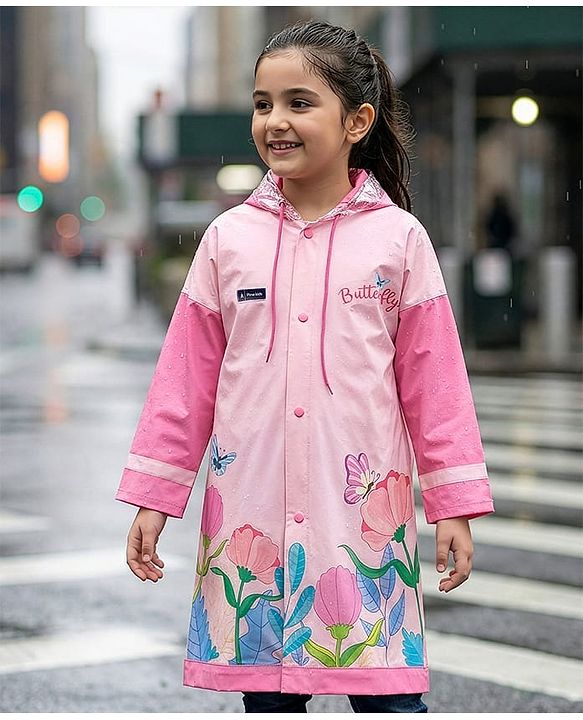 Pine Kids Full Sleeves Hooded Butterfly Raincoat - Light Pink