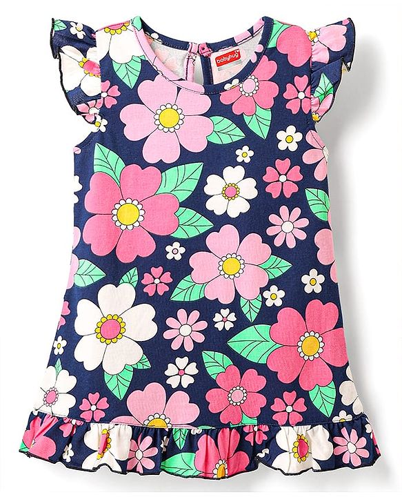 Babyhug Cotton Knit Frill Sleeves Nighty With Floral Print - Navy Blue