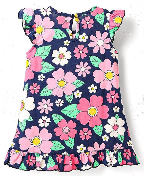 Babyhug Cotton Knit Frill Sleeves Nighty With Floral Print - Navy Blue