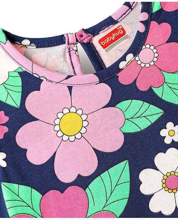 Babyhug Cotton Knit Frill Sleeves Nighty With Floral Print - Navy Blue