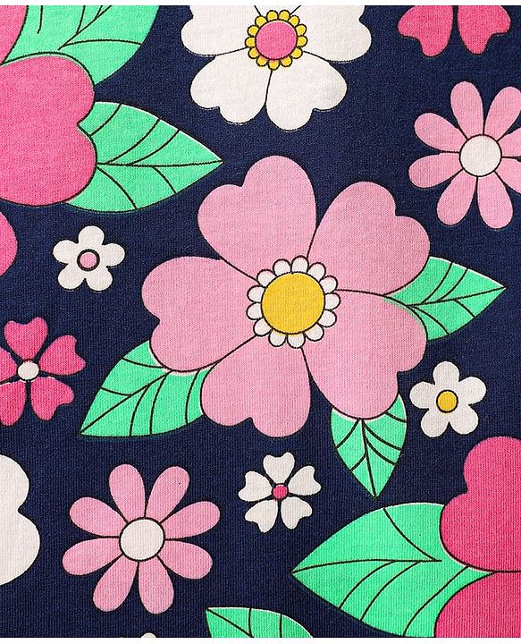 Babyhug Cotton Knit Frill Sleeves Nighty With Floral Print - Navy Blue