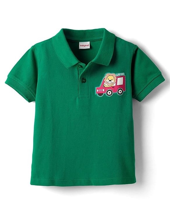 Babyhug 100% Cotton Half Sleeves Polo T- Shirt with Safari Patch Detailing - Green