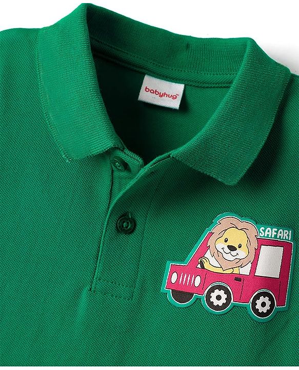 Babyhug 100% Cotton Half Sleeves Polo T- Shirt with Safari Patch Detailing - Green