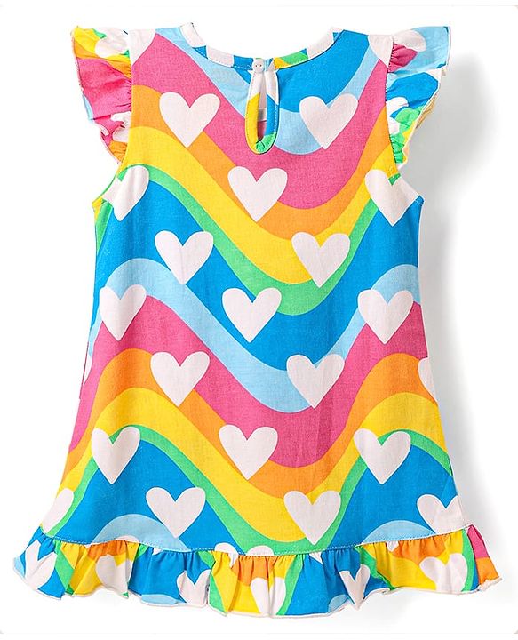 Babyhug Cotton Knit Cap Sleeves Nighty With Heart Print - Multicolor
