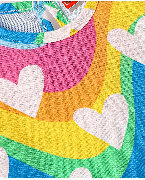Babyhug Cotton Knit Cap Sleeves Nighty With Heart Print - Multicolor