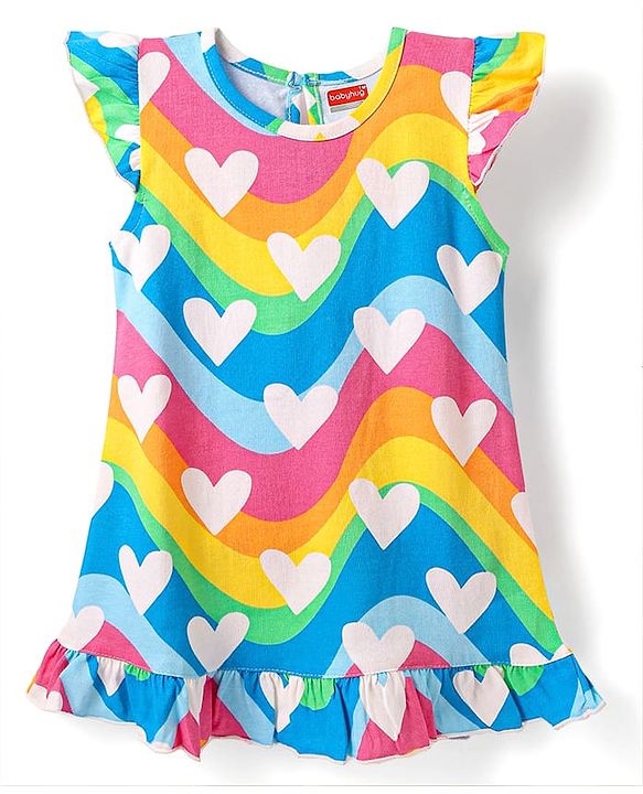 Babyhug Cotton Knit Cap Sleeves Nighty With Heart Print - Multicolor