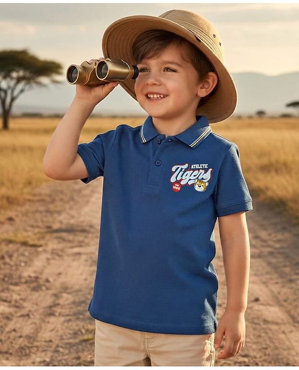 Babyhug 100% Cotton Knit Half Polo T-Shirt with Tiger Print - Navy Blue