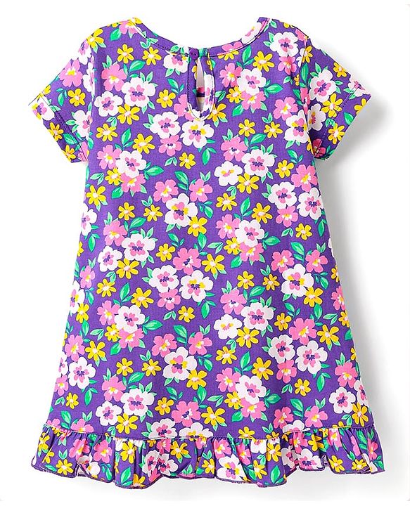 Babyhug Cotton Knit Half Sleeves Nighty With Floral Print - Purple
